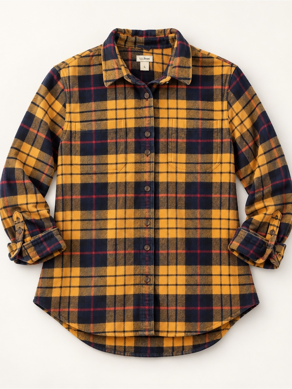 L.L. Bean Yellow and Navy Plaid Button-Down Shirt